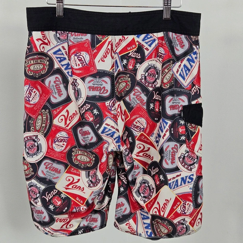 Vans Retro Beer Label Board Shorts Mens 30 (32) All Over Print Swim Trunks